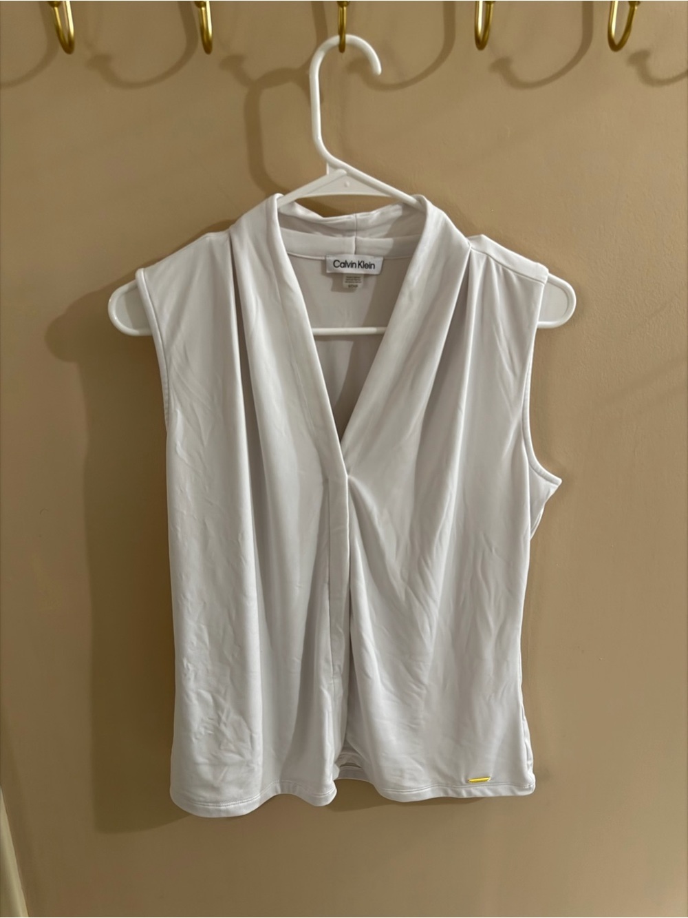 Calvin Klein White Sleeveless Draped V-Neck Blouse